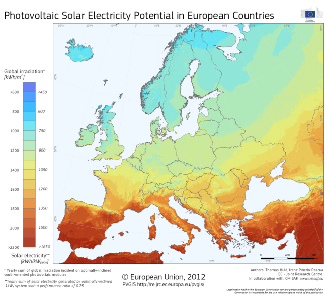 Kartta, jossa kuvataan auringon vuotuista säteilymäärää Euroopassa