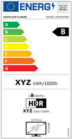 Kuva energiamerkinnästä, jossa on eri värisiä nuolia, kirjaimia ja numeroita.