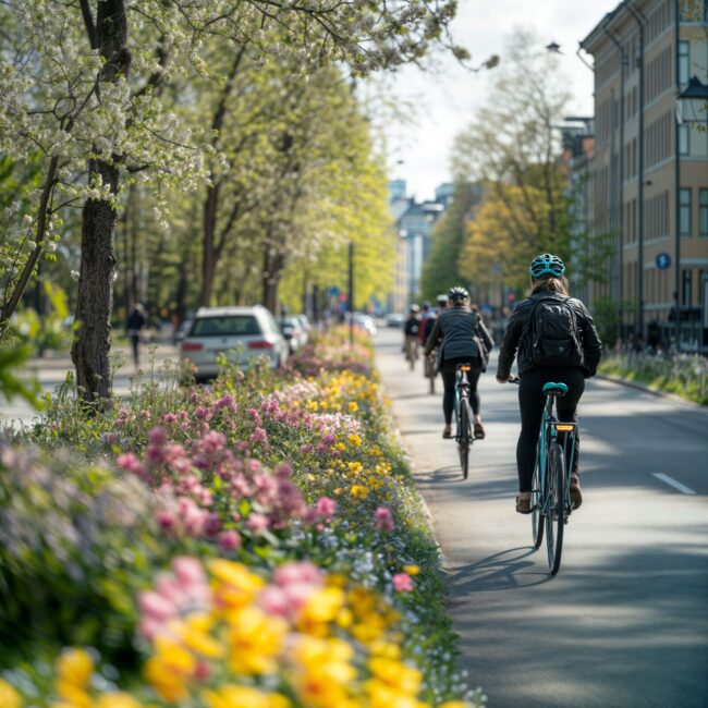 Pyöräilijä kukkien reunustamalla pyörätiellä